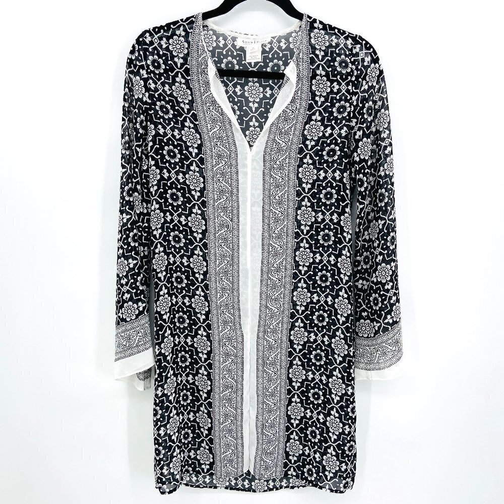 WHITE HOUSE BLACK MARKET Sheer Long Sleeve Geometric Print Oversize Tunic Top XS